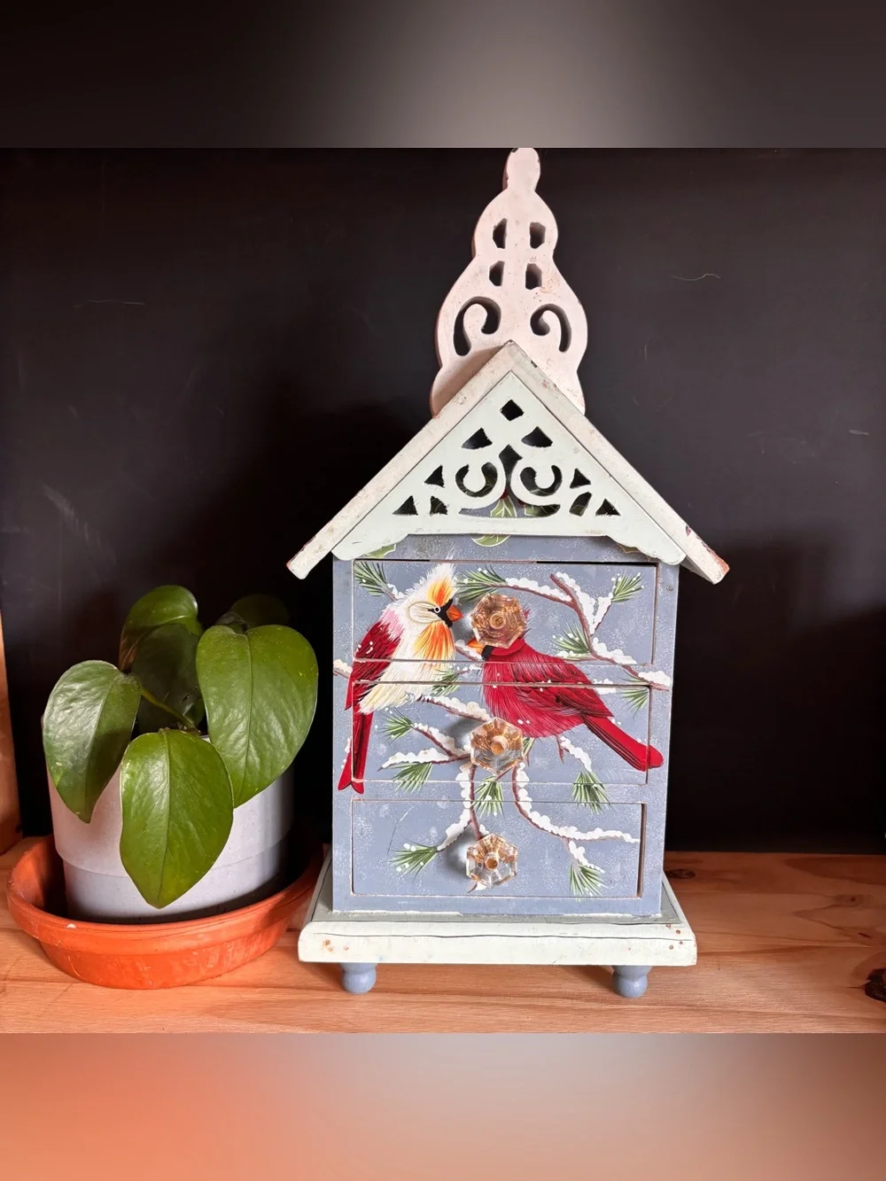 Hand-Painted Wooden Jewelry Box with Red Cardinals- 3 Drawers